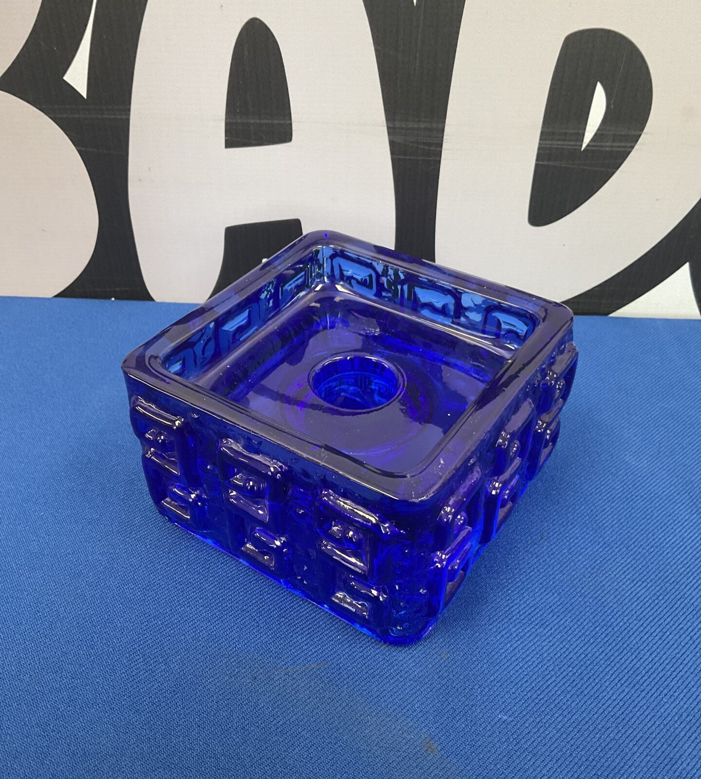 Riihimaki lasi taalari cobalt blue glass candleholder
