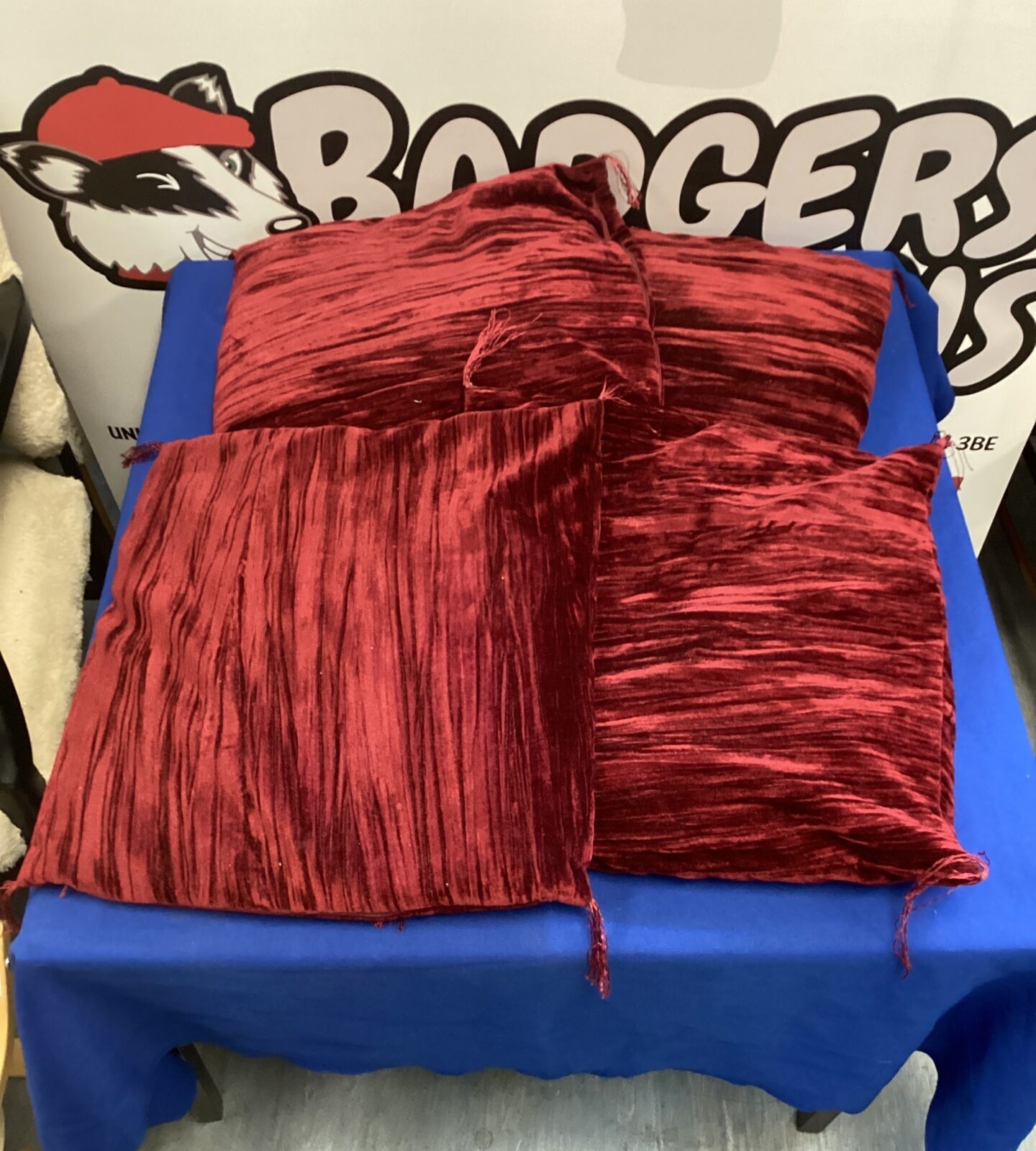 four maroon velvet tassle cushions