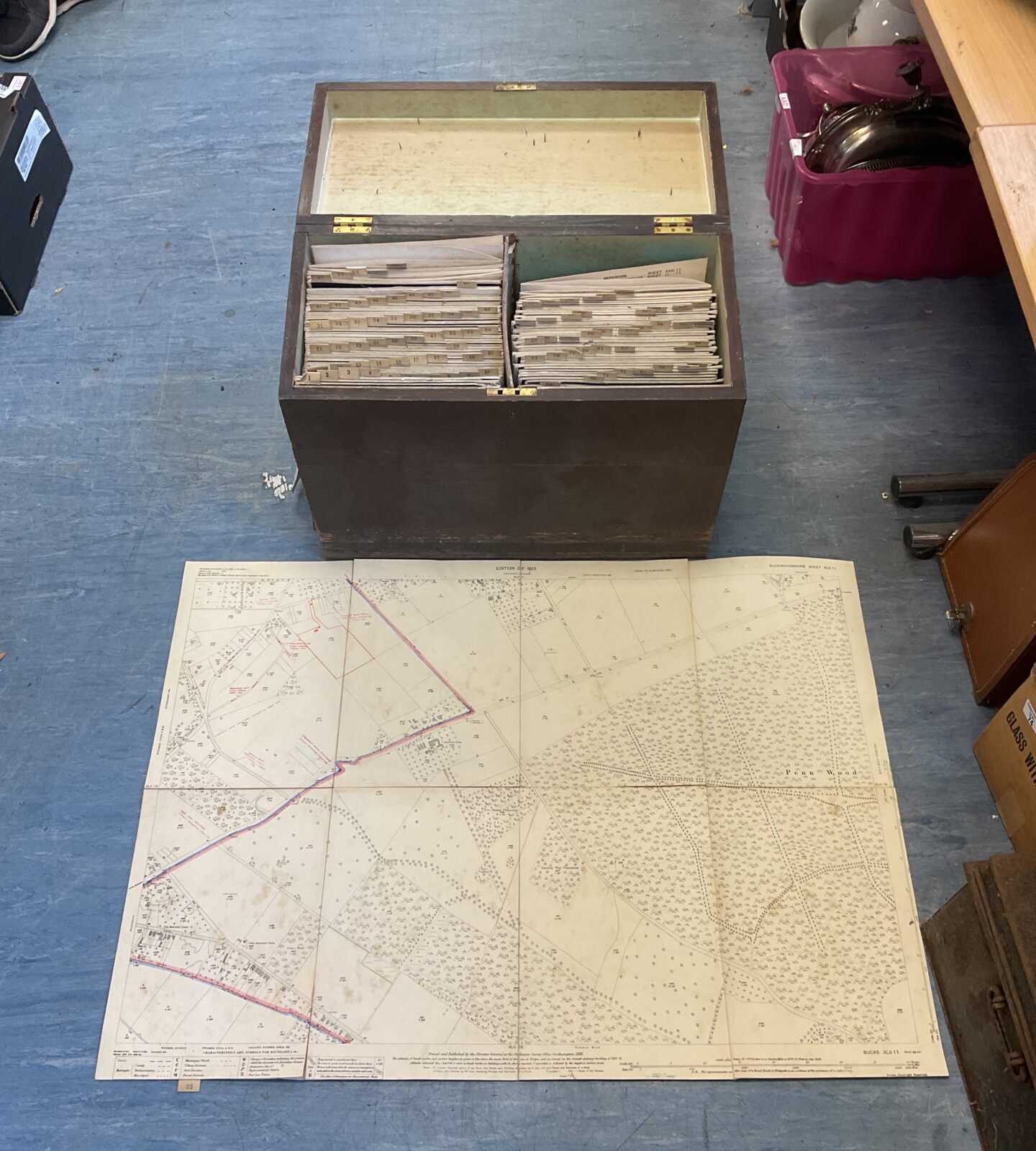 Antique wooden chest with ordinance survey maps dated 1921