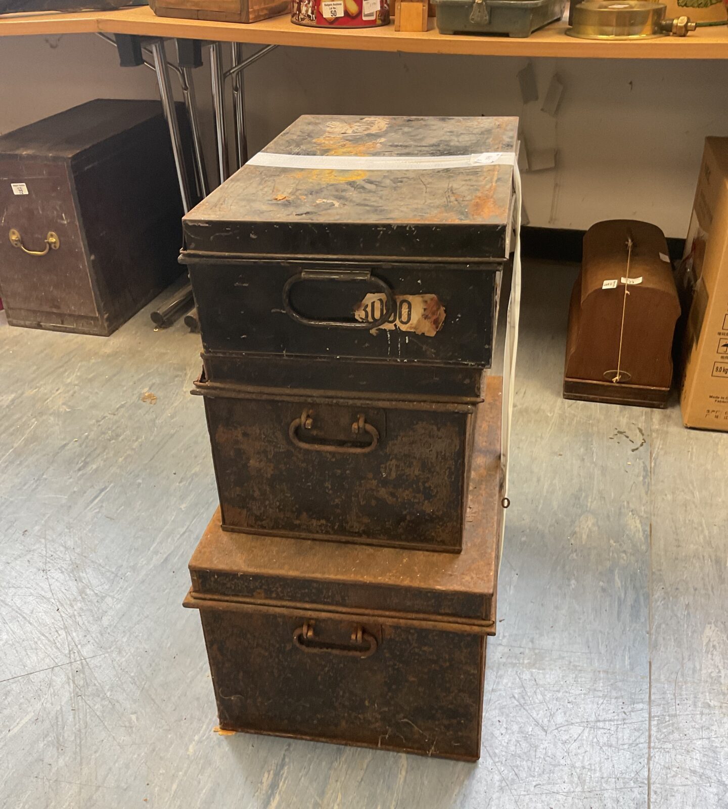Three vintage metal deed boxes