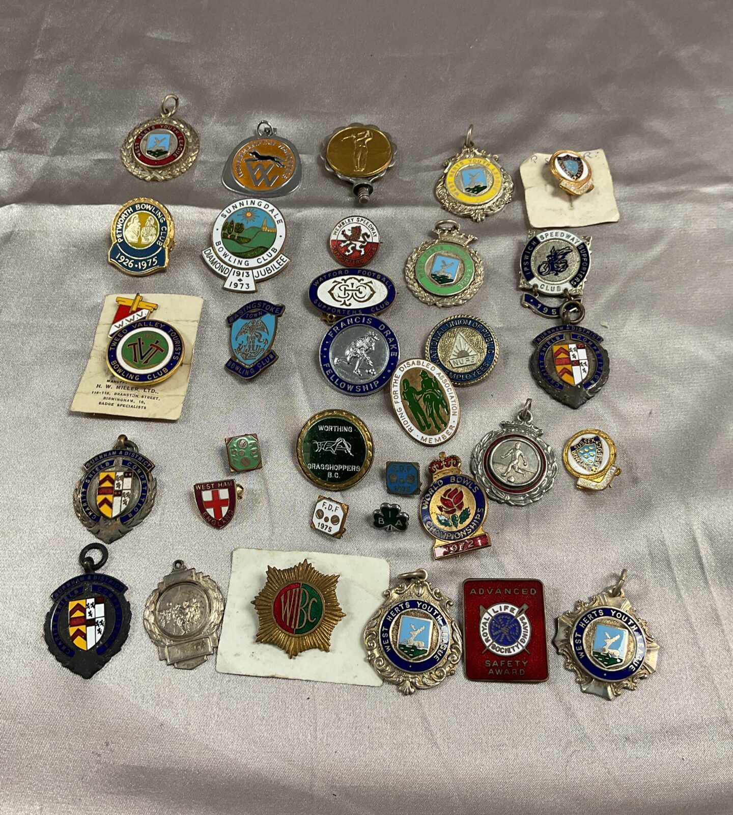 Collection of enamel pin badges and medal  inc bowling and football
