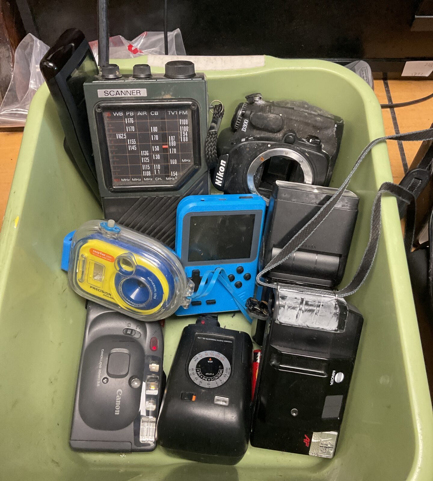Box of cameras & radios including canon & nikon