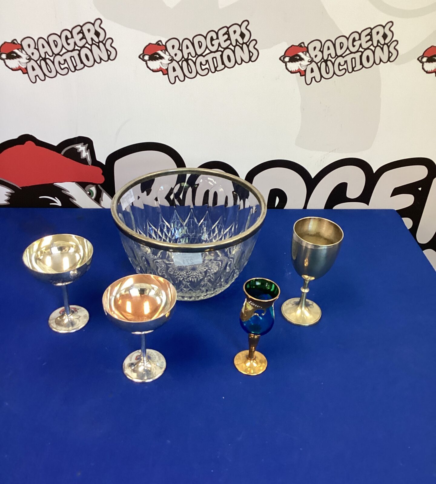 Silverplate Goblets and Cut Glass Punch Bowl