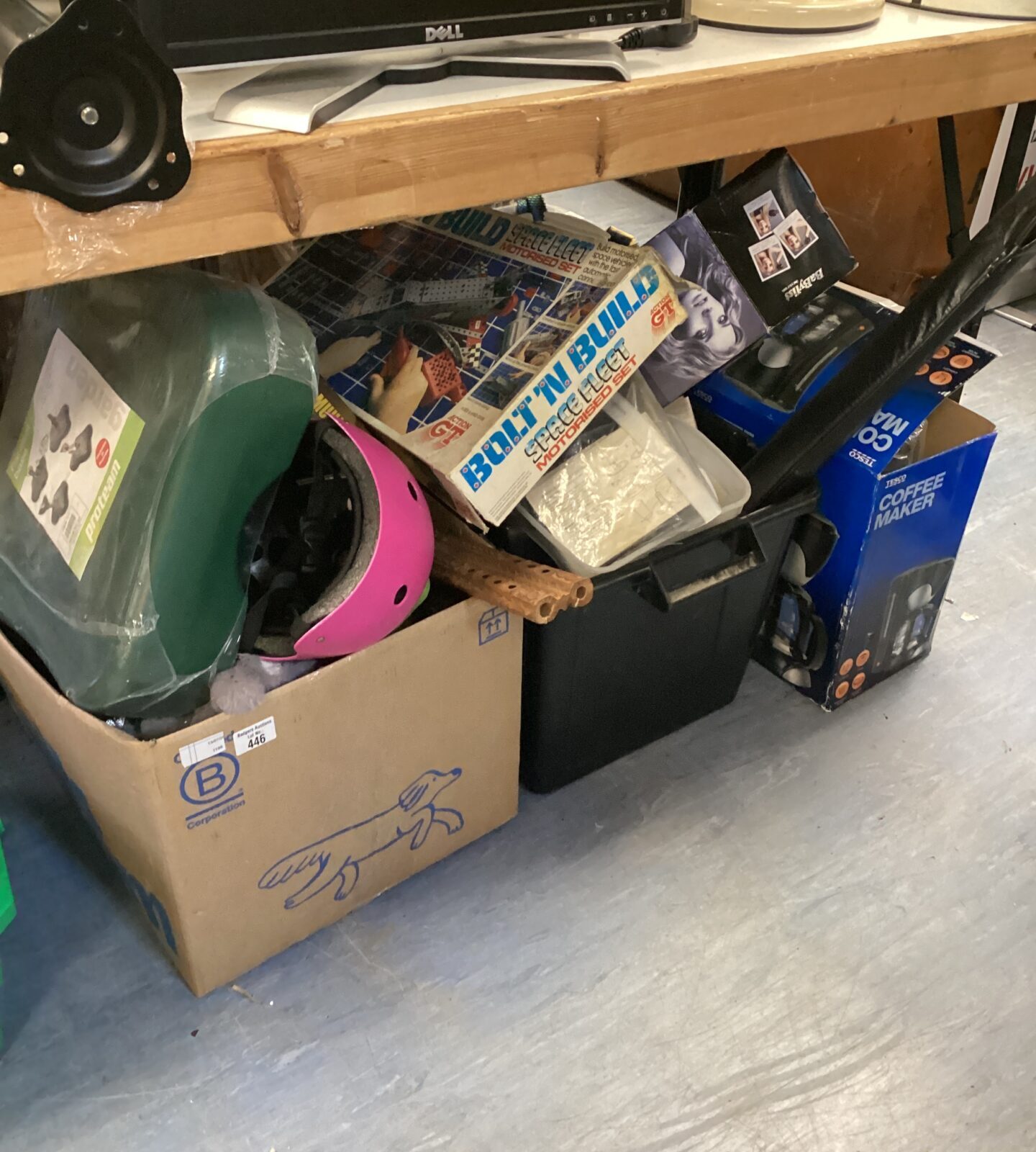 Large mixed job lot of house clearance inc action GT bolt n build, coffee maker & proteam parasol base
