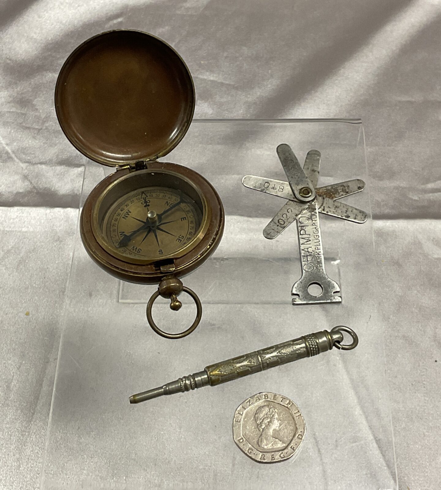 Vintage Ross London compass chatelaine pencil and champion spark plug gauge