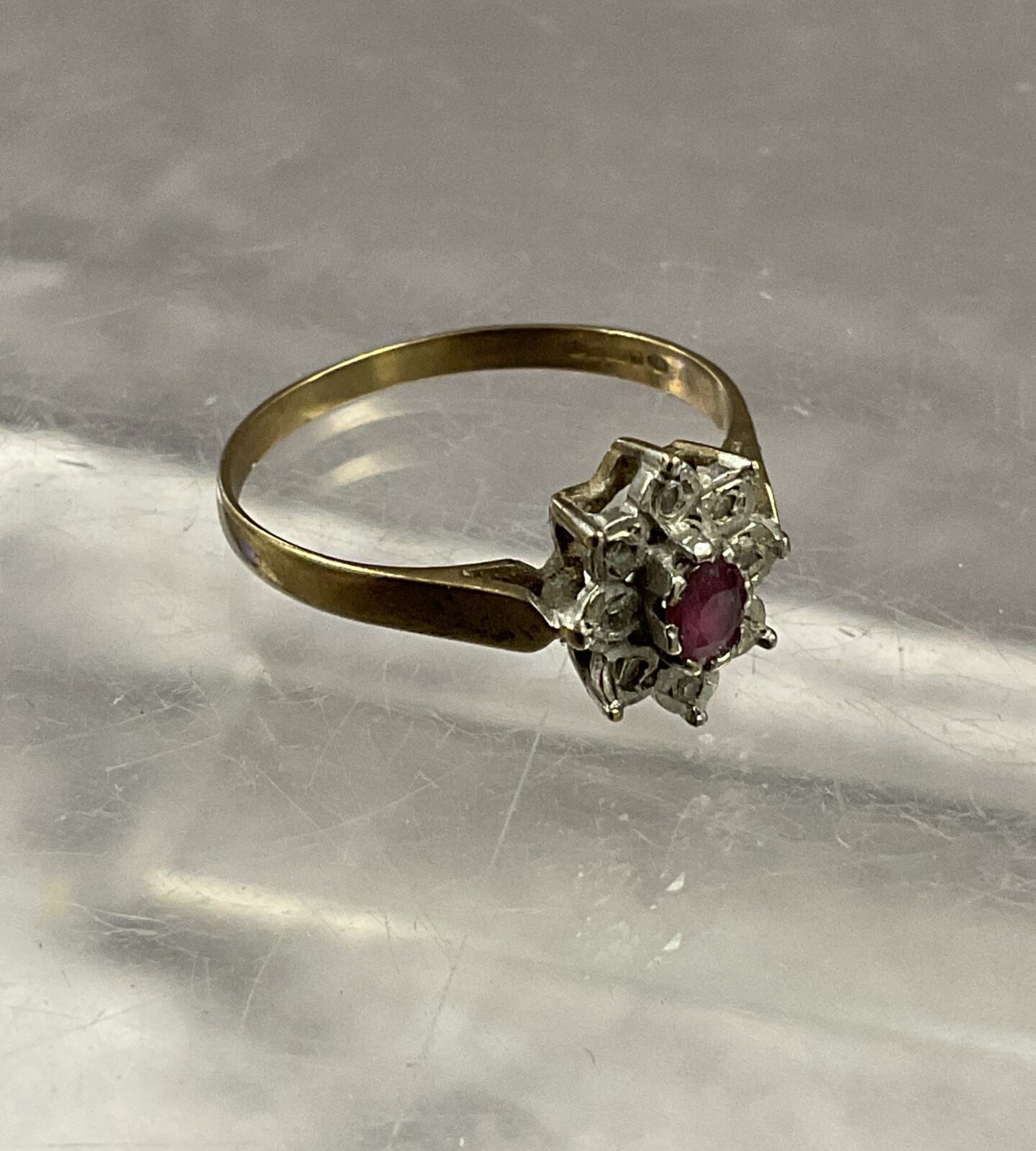 Antique 9 carat gold hallmark ruby and Rose set diamond ring size N