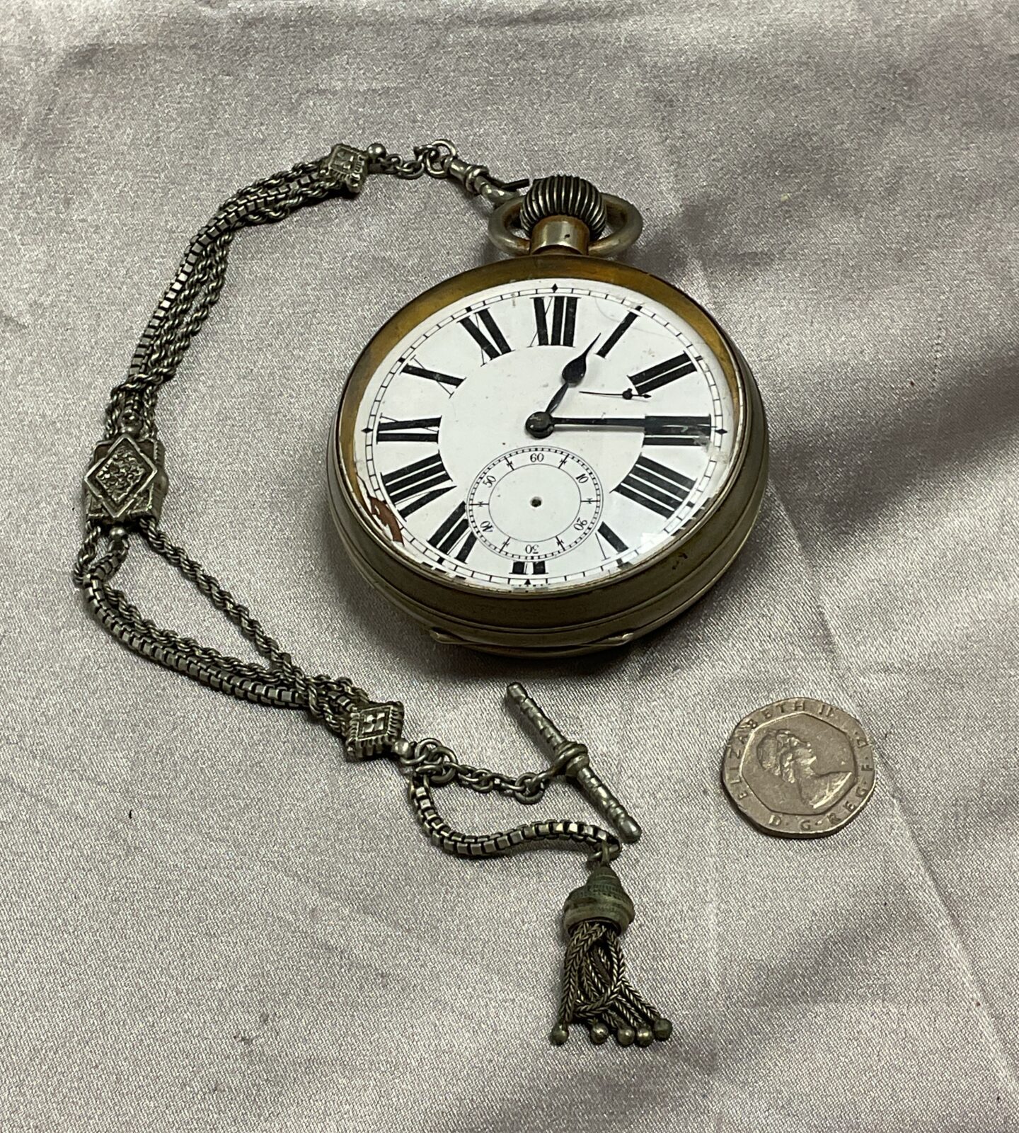 Vintage Goliath pocket watch spares or repair with fob chain