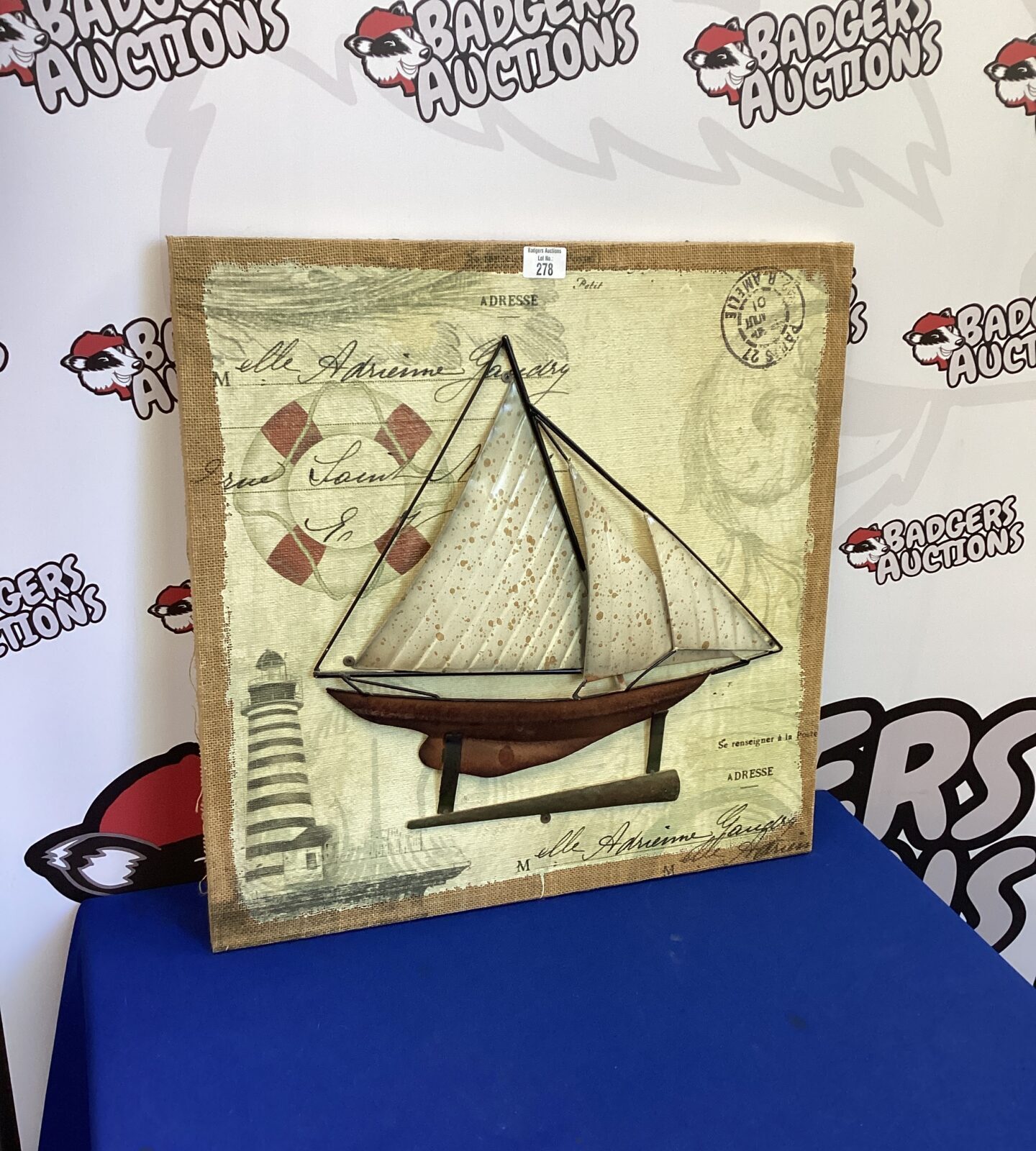 Three D Sailing Boat on Hessian background