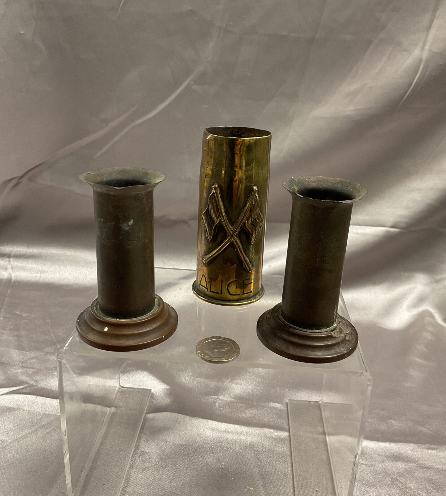 Three brass trench art Inc cannon shell