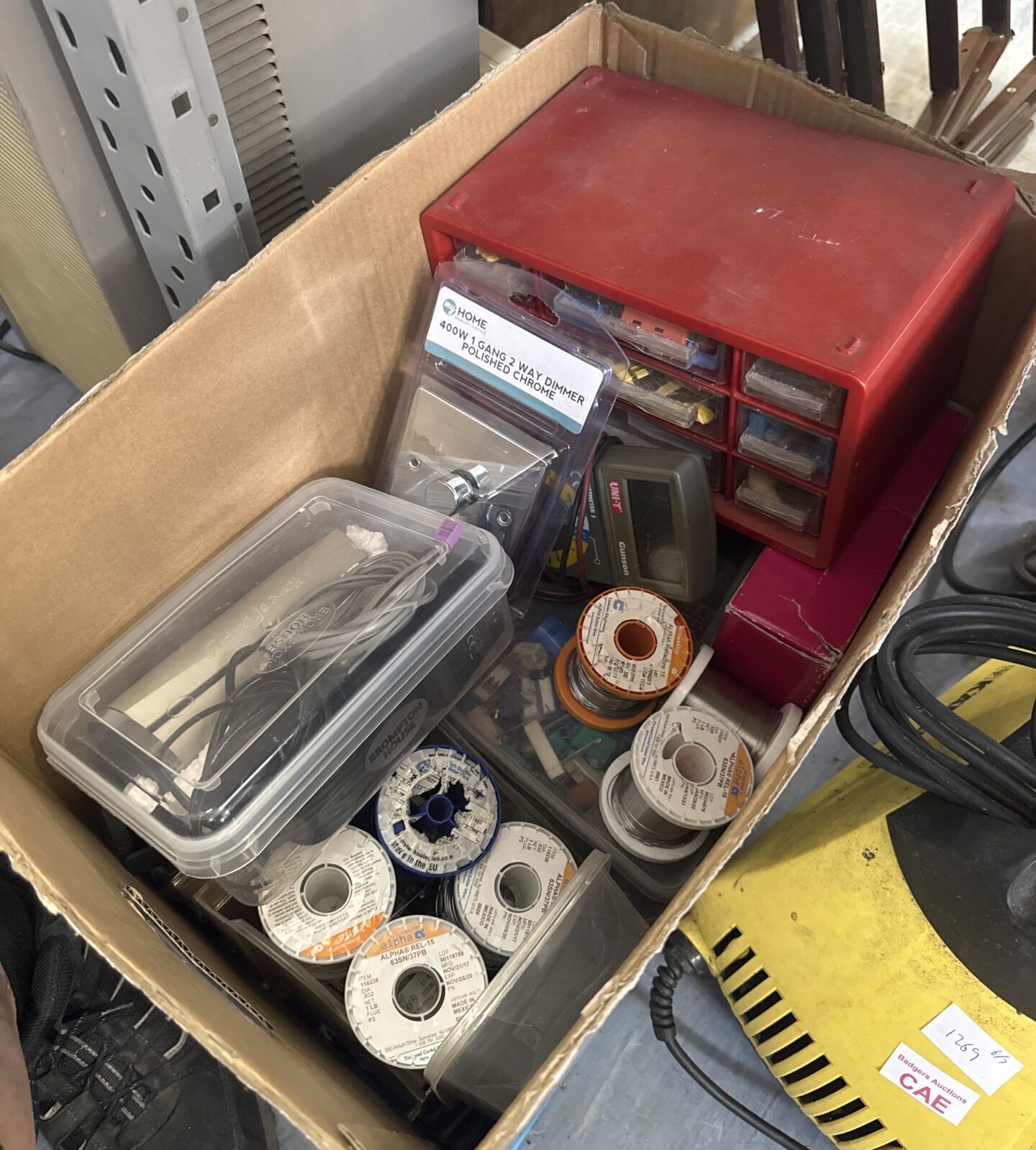 Large box of shed clearance items inc rolls of solder