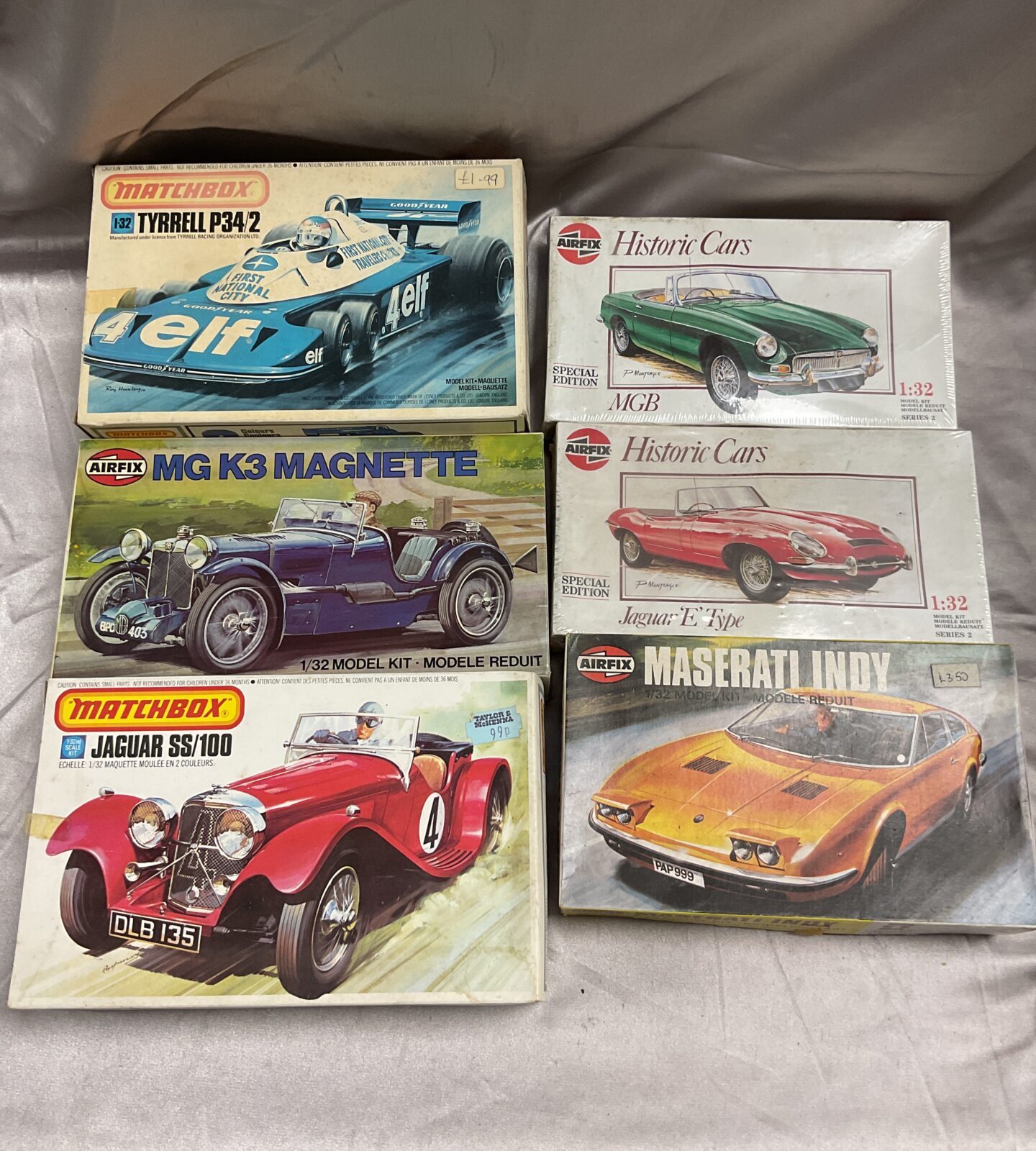 Six 1:32 scale model car kits mg Maserati jaguar tyrrell