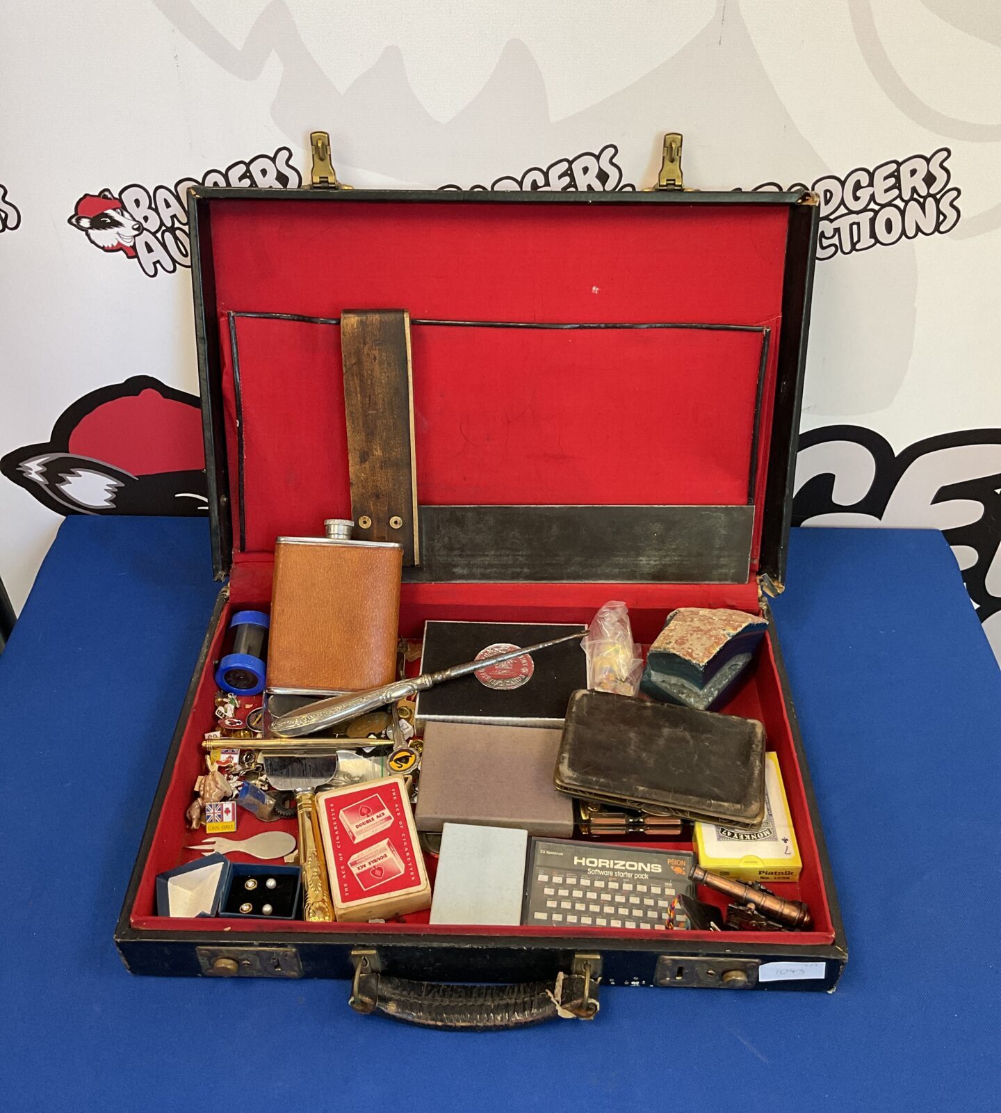 Vintage case of curios including badges & pens