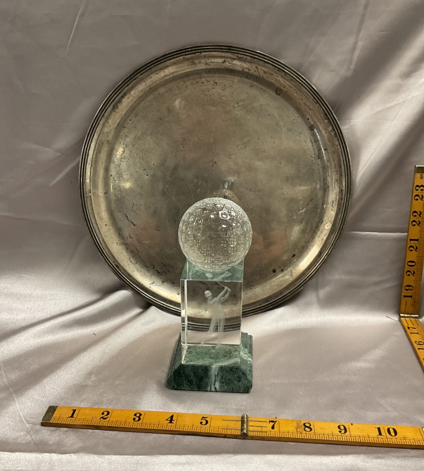 Silverplate signed tray and golf trophy