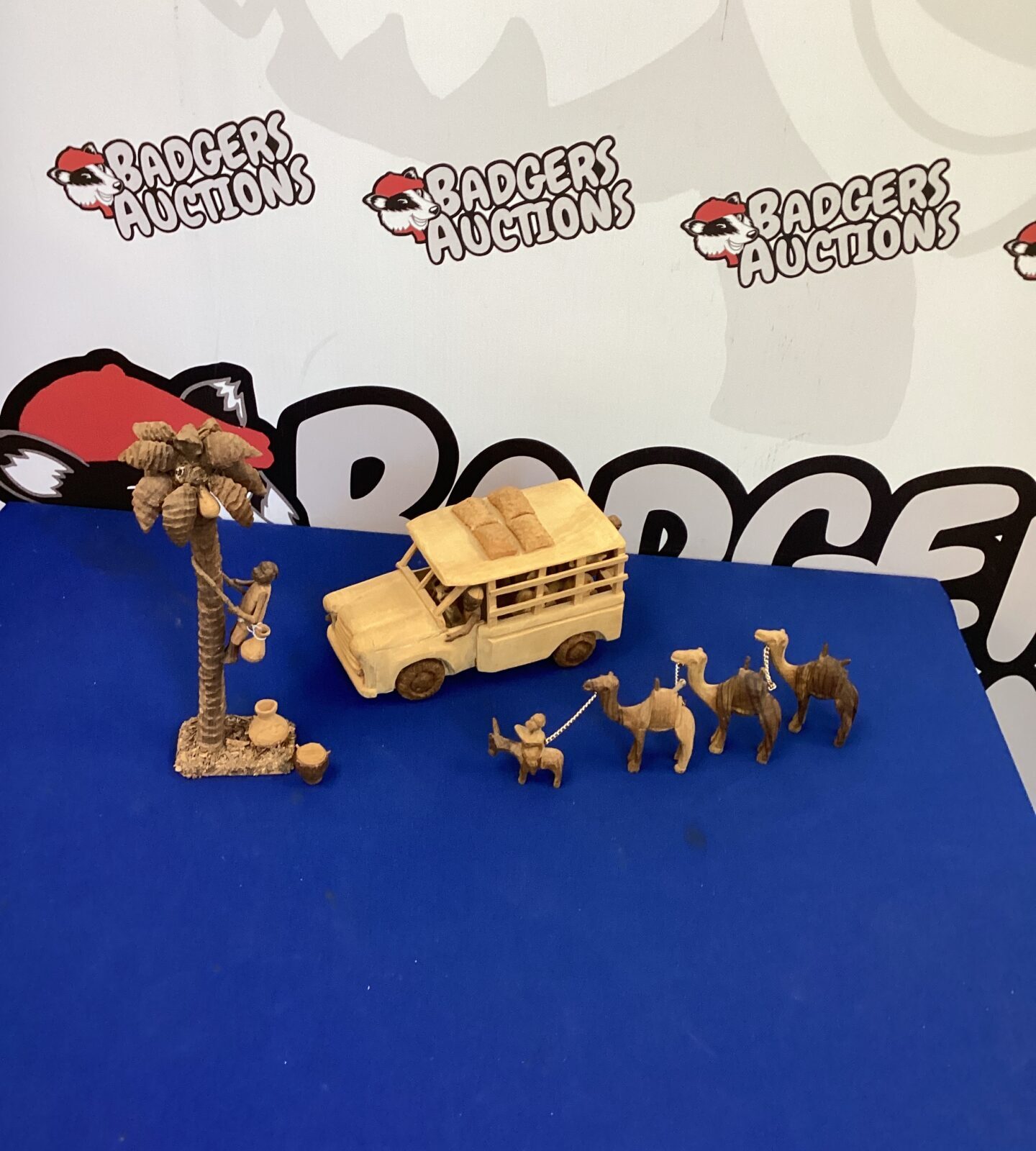 Hand Carved wooden Bus and other items