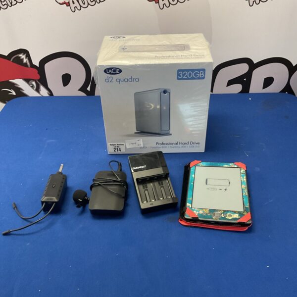 Lacie d2 quadra 320gb professional hard drive, kindle, and duracell rechargeable battery charger