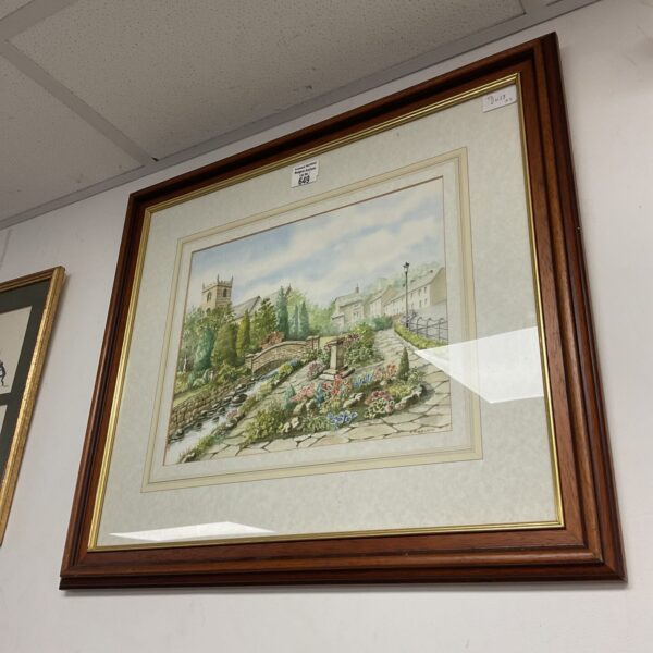 N s nelson framed watercolour of a village church with stream