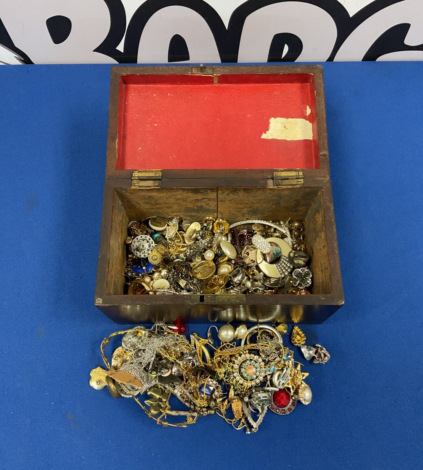 Vintage wooden box with costume jewellery