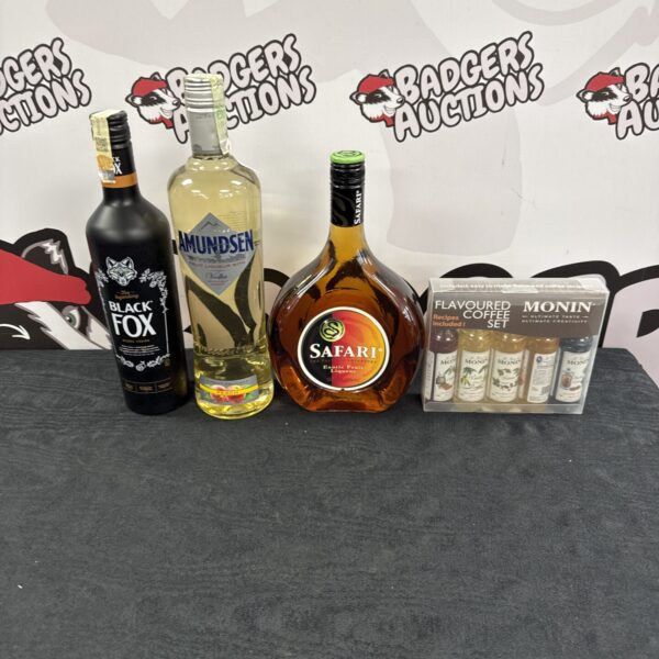 Three bottles of alcohol inc black fox & a coffee syrups set