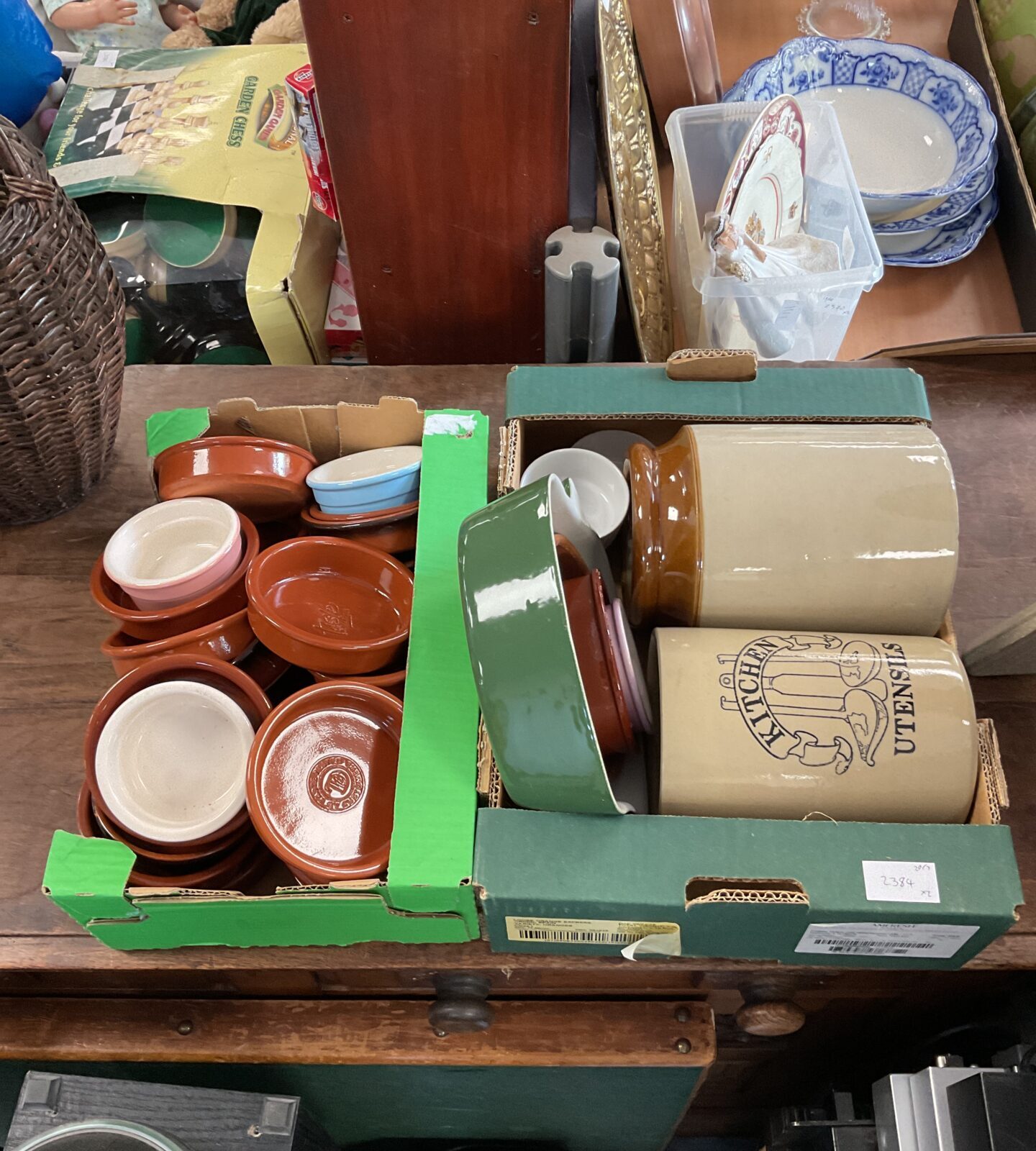 Two trays of ramekins & salt glazed pots