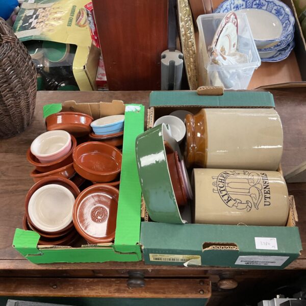 Two trays of ramekins & salt glazed pots