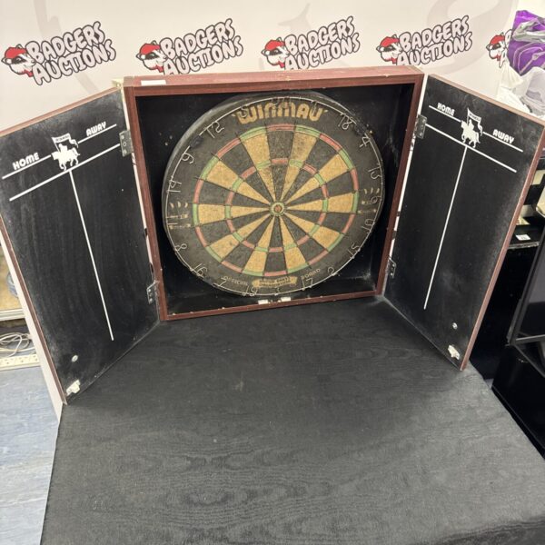 Used winmau dartboard in wooden wall case
