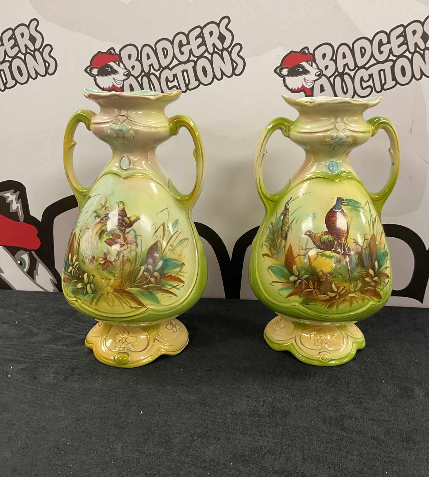 Antique 10” pair of Royal Vienna Art pottery vases possibly by A G Harley and sons depicting wild birds