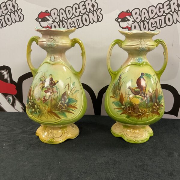 Antique 10” pair of Royal Vienna Art pottery vases possibly by A G Harley and sons depicting wild birds