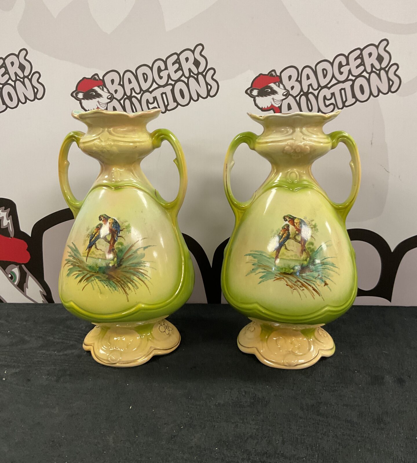 Antique 10” pair of Royal Vienna Art pottery vases possibly by A G Harley and sons depicting wild birds - Image 2