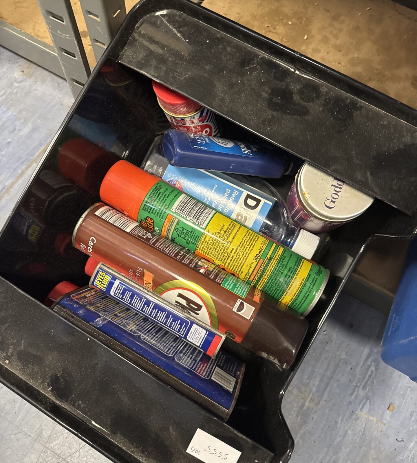 Box of house clearance chemicals inc polish, jeyes fluid & others