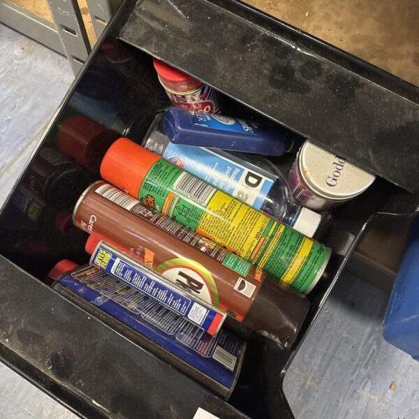 Box of house clearance chemicals inc polish, jeyes fluid & others