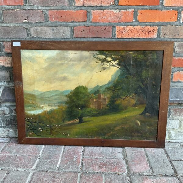 19th century oil on canvas painting of a manor house in a mountainous landscape