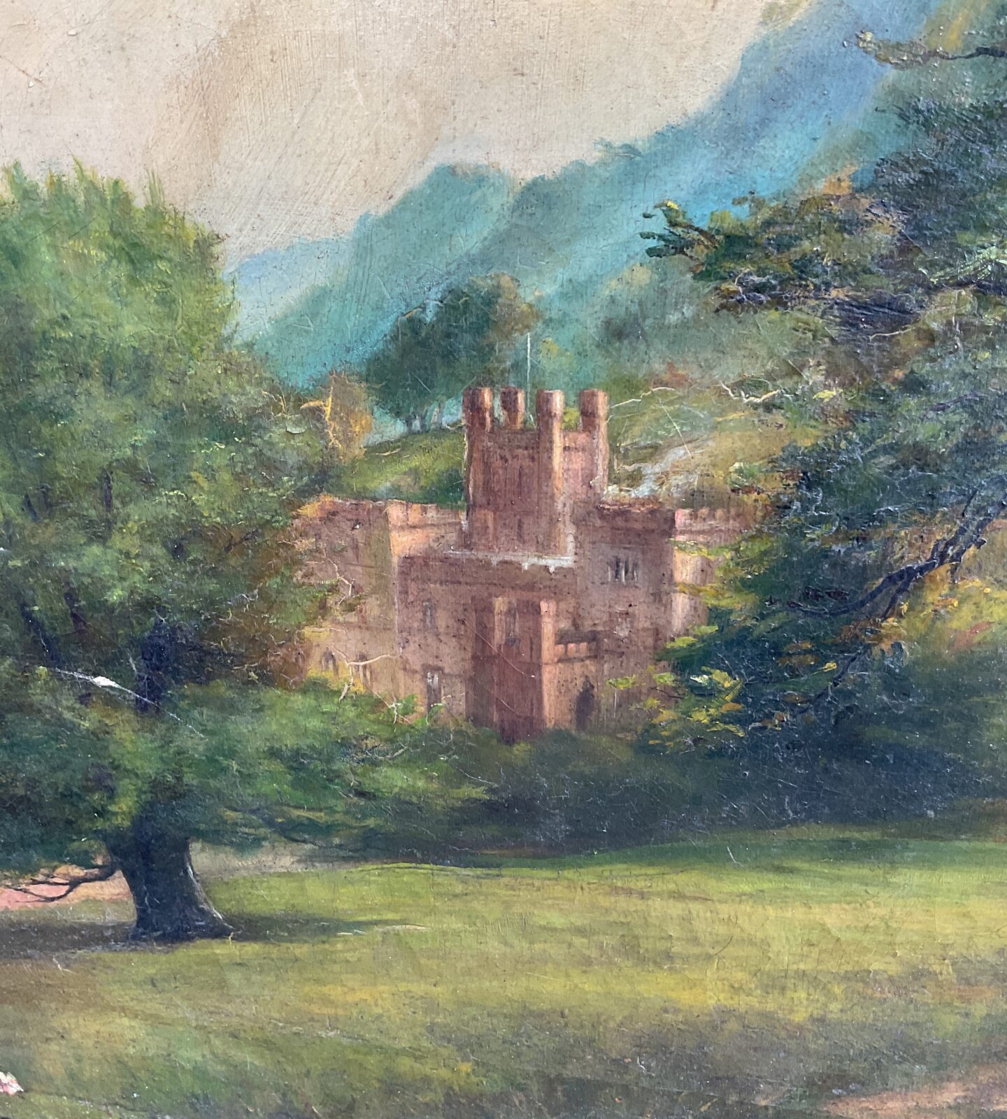 19th century oil on canvas painting of a manor house in a mountainous landscape - Image 3