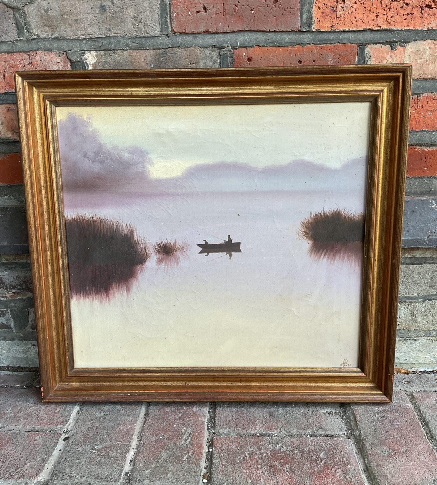Oil painting of fisherman in boat with dog signed a b 85