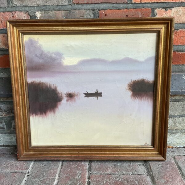 Oil painting of fisherman in boat with dog signed a b 85