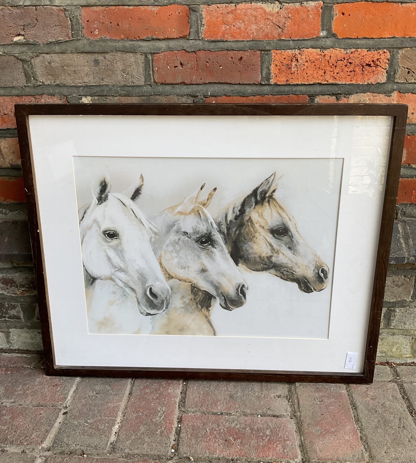 Framed print of two grey horses & a bay horse