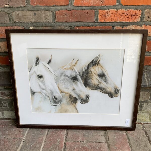 Framed print of two grey horses & a bay horse