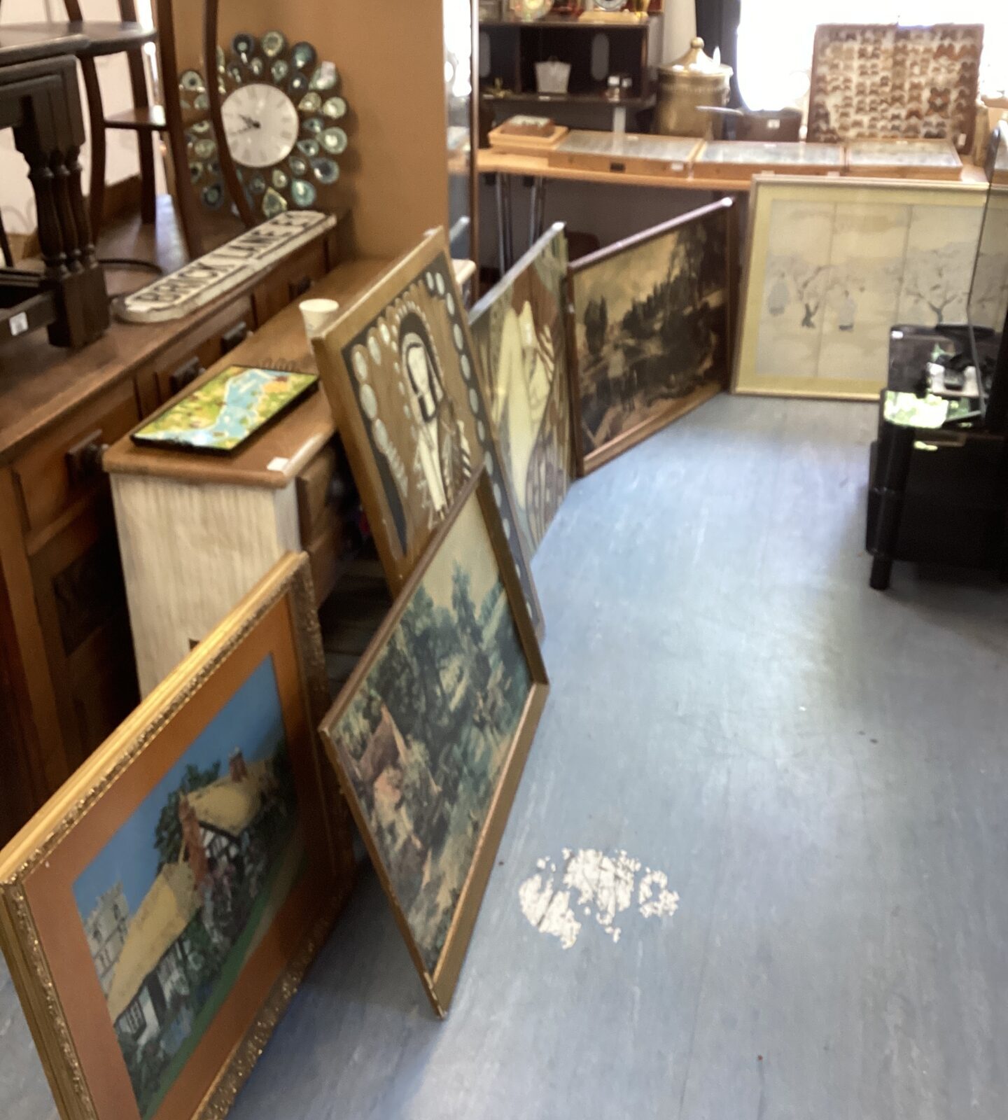 Large collection of framed prints, paintings and a Tapestry