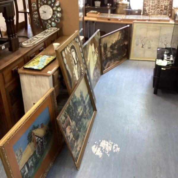 Large collection of framed prints, paintings and a Tapestry
