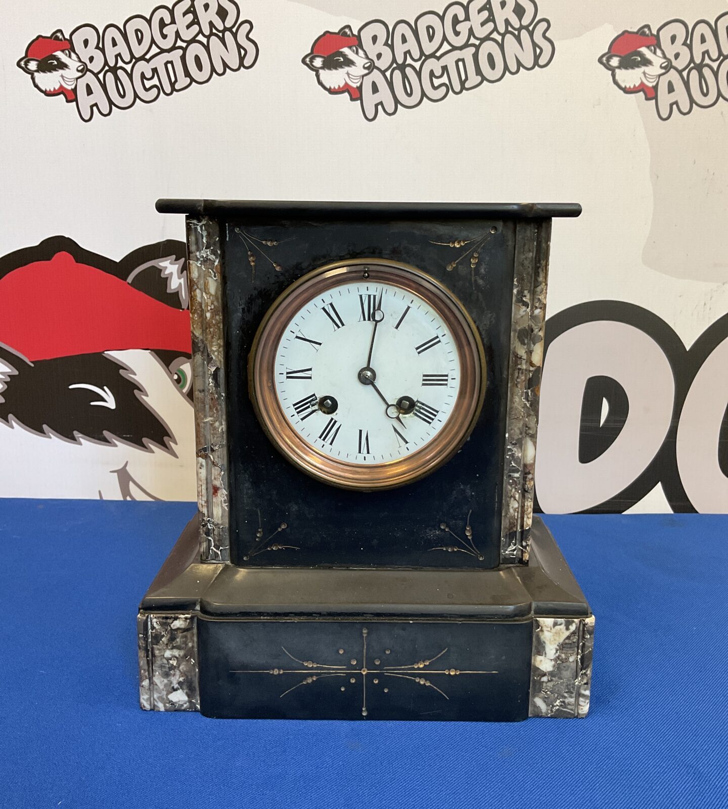 J j s slate & marble Victorian mantle clock with key & pendulum