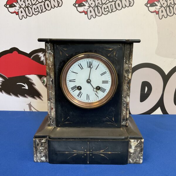 J j s slate & marble Victorian mantle clock with key & pendulum