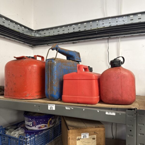 Four petrol cans inc Johnson marine, eversure & two plastic