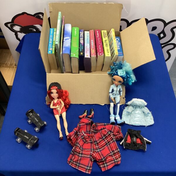 box of children's books With two dolls