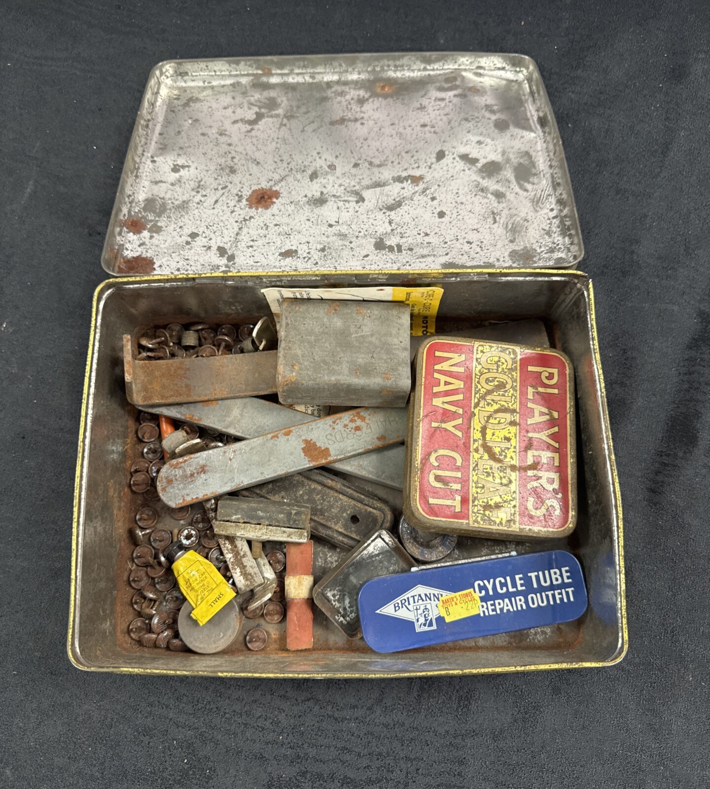 Tin of mixed items inc vintage players tin & bicycle repair items