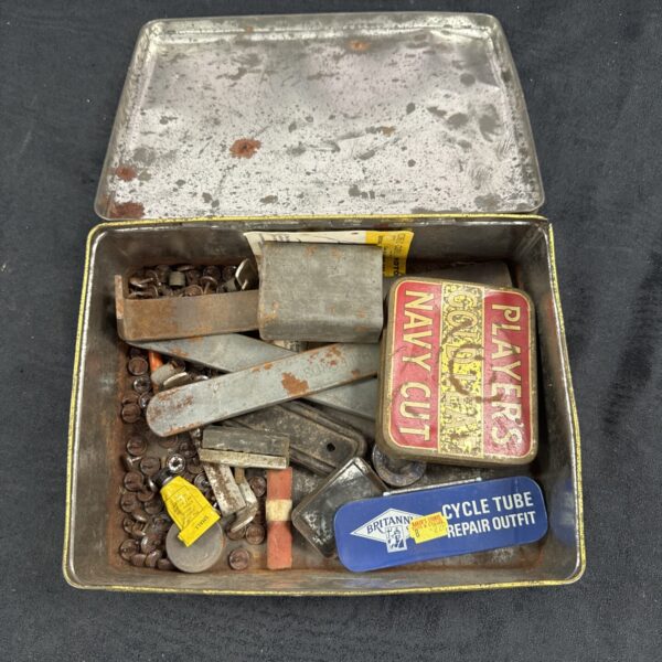 Tin of mixed items inc vintage players tin & bicycle repair items