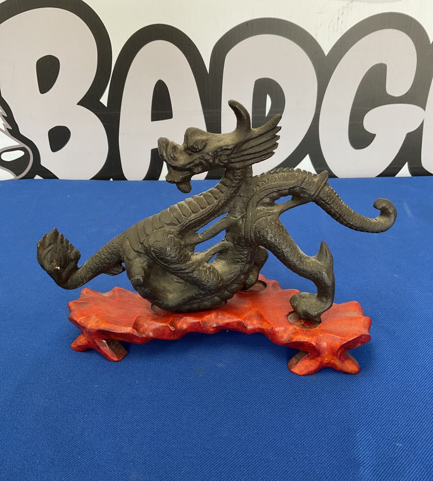 Vintage cast bronze chinese dragon with wooden stand