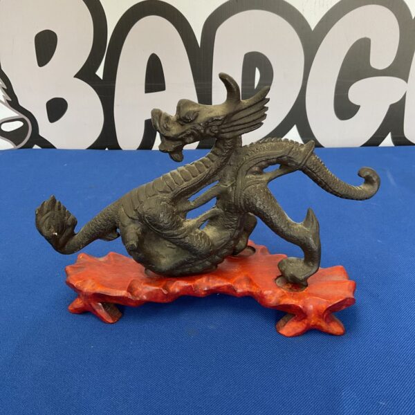 Vintage cast bronze chinese dragon with wooden stand