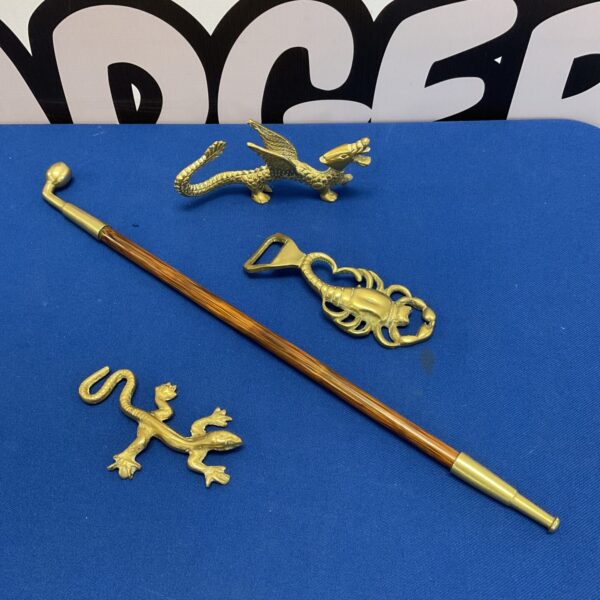 Vintage brass pipe with dragon, lizard & scorpion bottle opener
