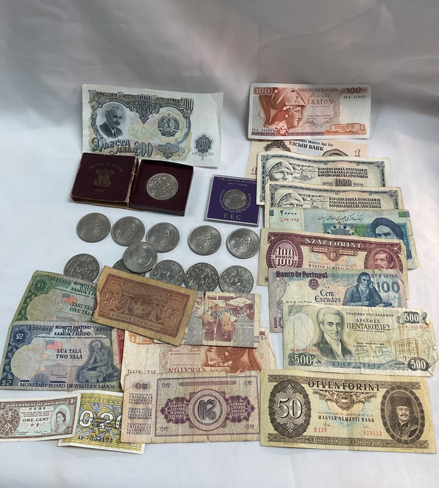 Collection commemorative coins and assorted bank notes
