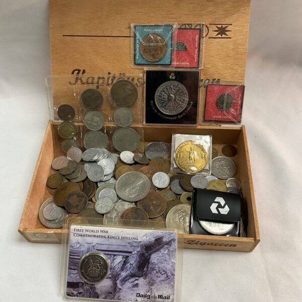 cigar box of  assorted Coins Inc commemorative coins