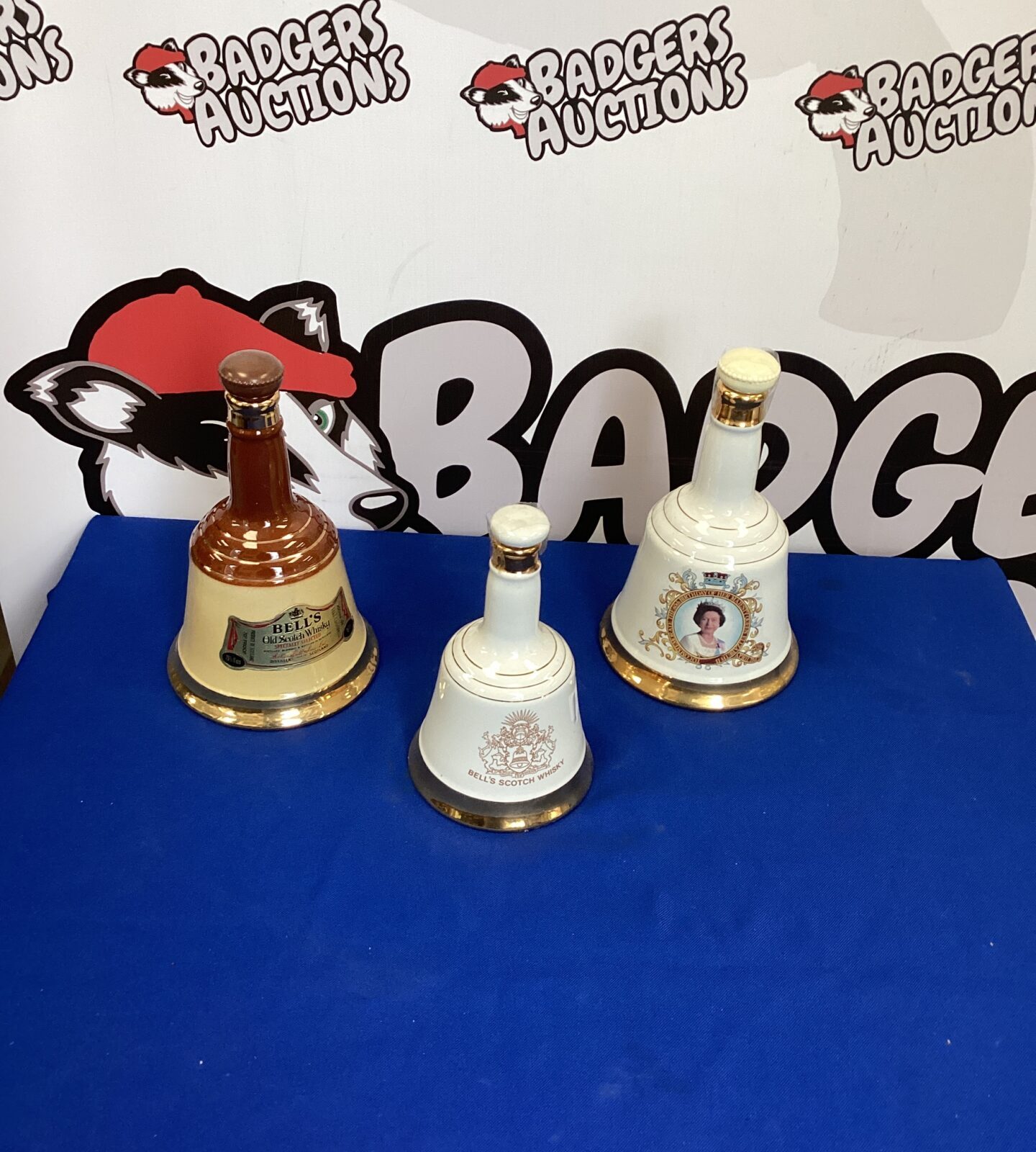 Three empty Bells porcelain Whisky Bells